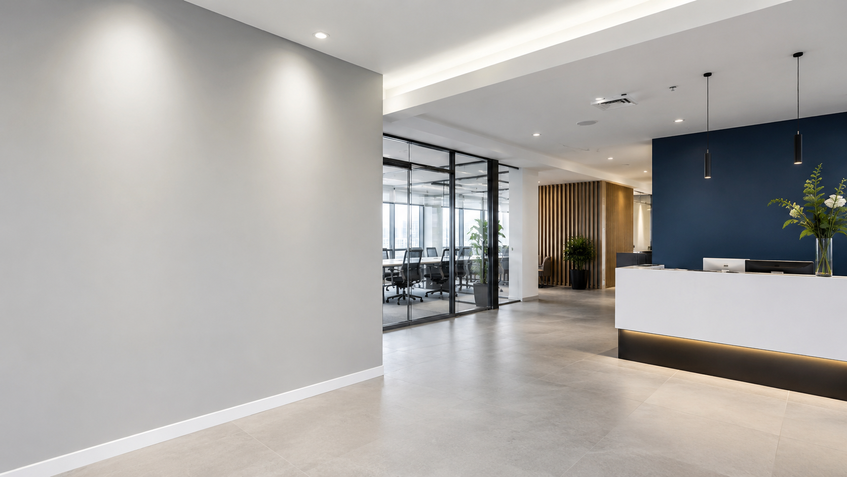 Recepção corporativa moderna com ambiente profissional