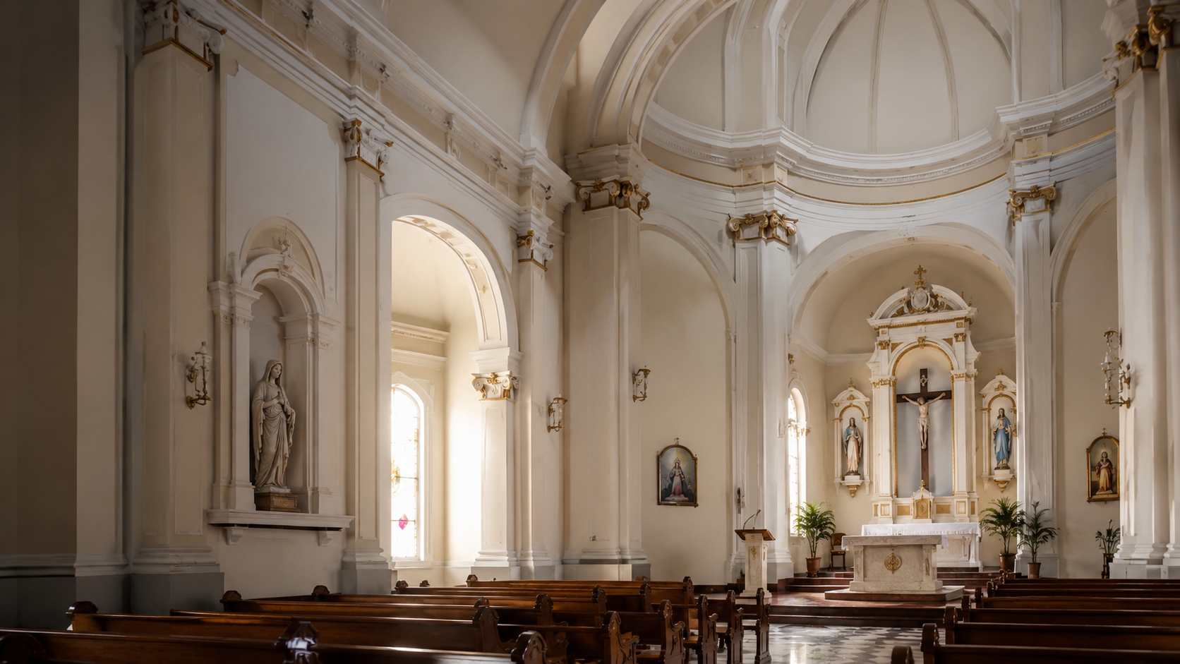 Interior de igreja com pintura clara e iluminação elegante